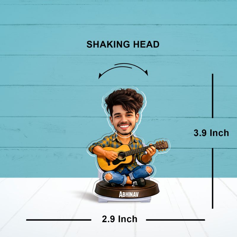 Personalized Bobblehead Caricature with Guitar, Custom Name Stand Home Tabletop Decor Battery Powered Moving Head Feature Gift for Guitar Lover